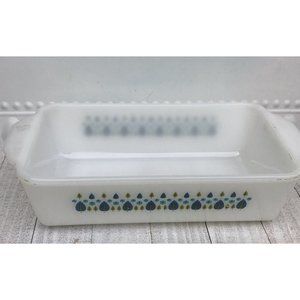 Vtg MCM Fire King Swiss Chalet Loaf Pan Blue Green Rectangle Glass Baking Dish